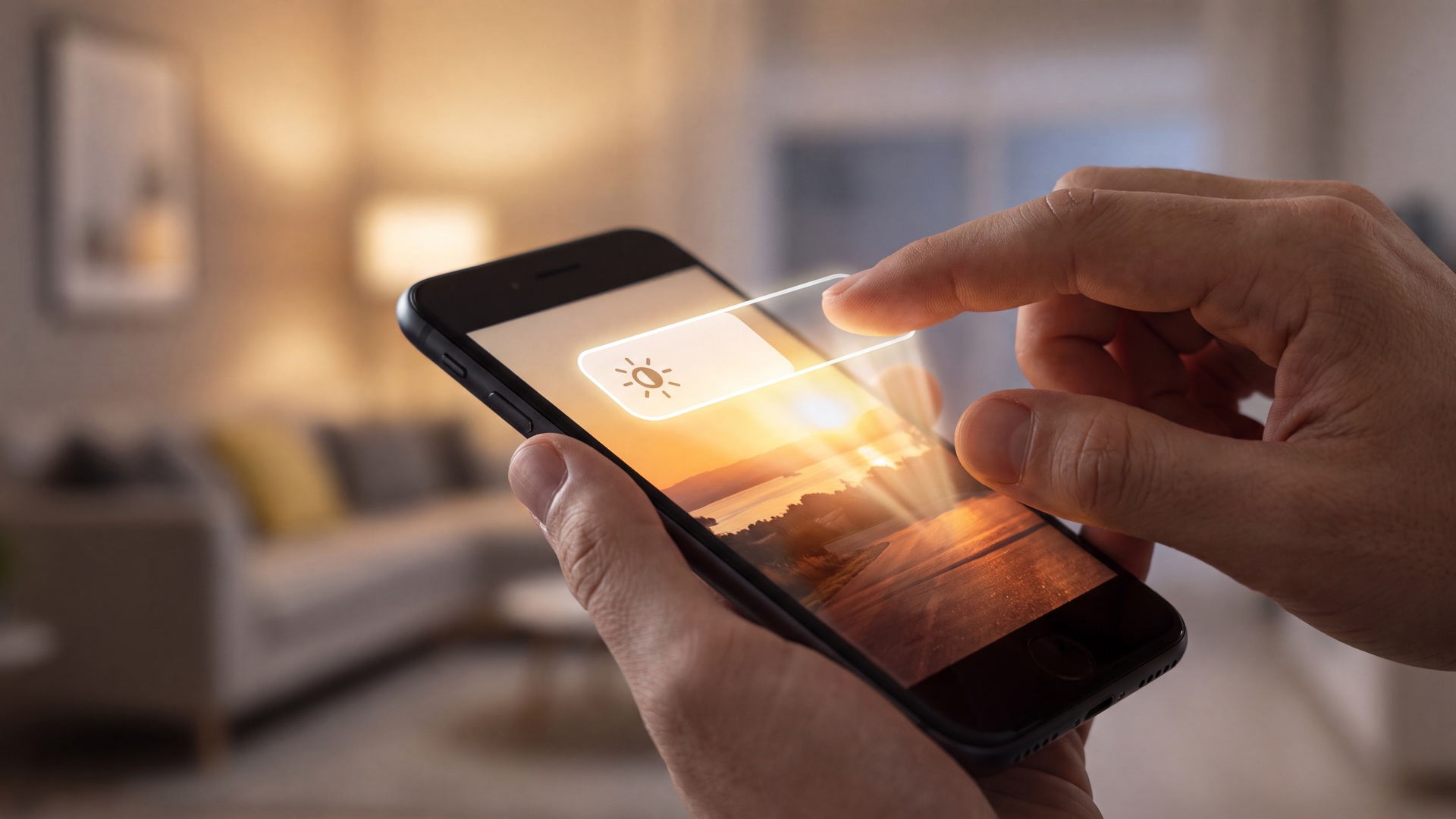 Mano che regola l'illuminazione di casa dall'app dello smartphone, con il soggiorno alle spalle