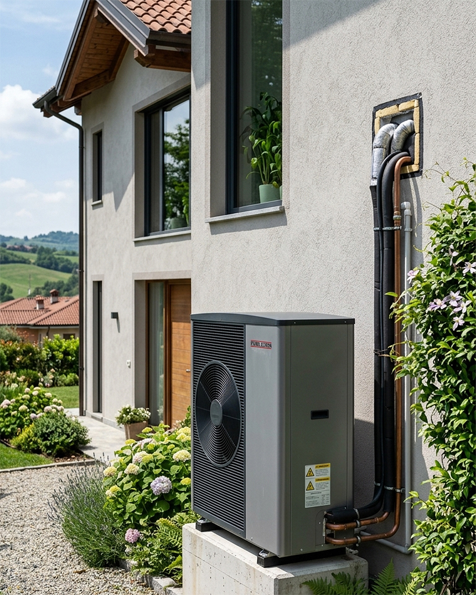 Pompa di calore aria-acqua installata accanto alla casa con tubazioni di mandata e ritorno